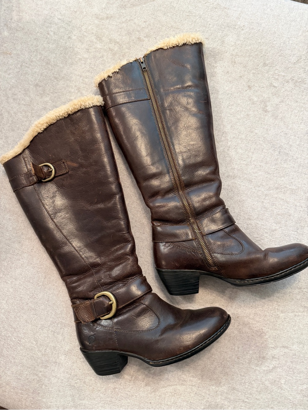 Born Gira Tall Brown Leather Shearling-Trim Mid-Calf Boots